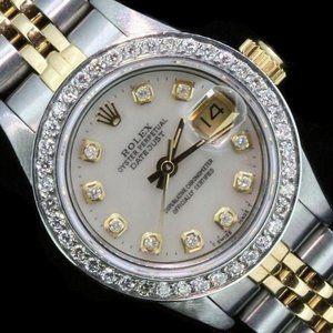 Rolex Ladies Datejust Oyster 14K Gold Stainless Steel Diamond Dial Bezel Watch